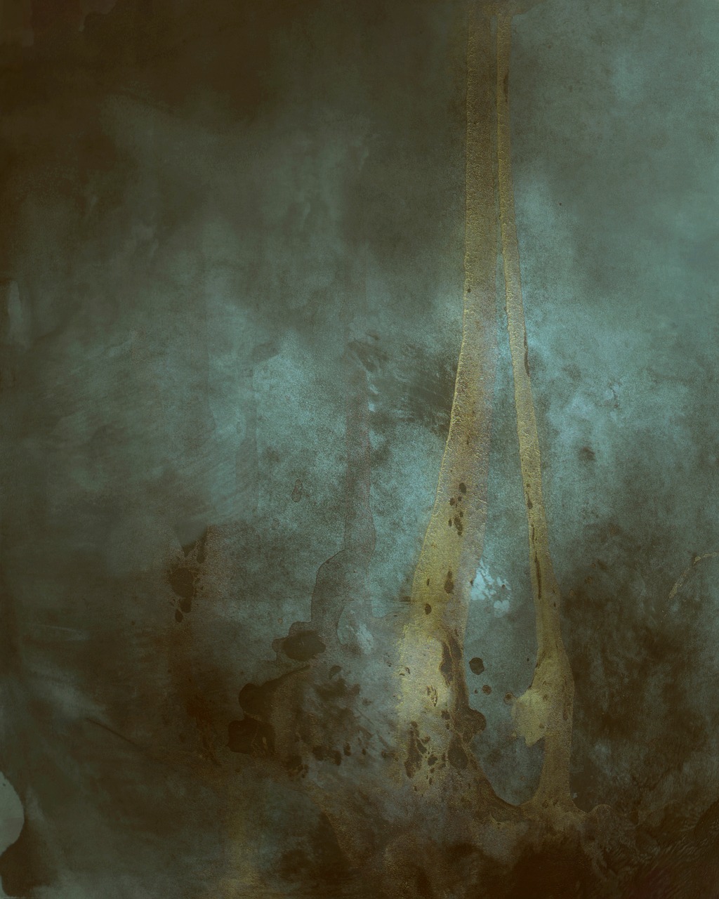 a couple of giraffes standing next to each other, an abstract painting, inspired by Jan Lievens, deviantart, lyrical abstraction, underwater smoke, rusted metal texture, grainy damaged photo, ambient teal light