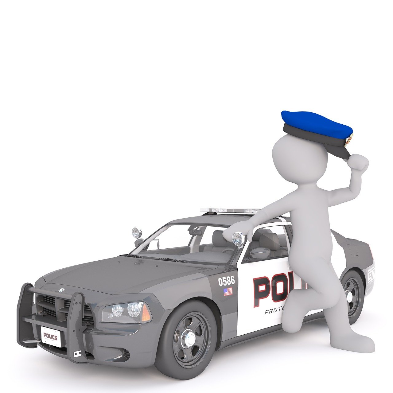 a person standing next to a police car, a cartoon, trending on pixabay, conceptual art, 3d-render, police cap, on a white background, flash photo