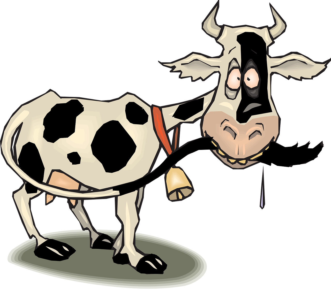 a cartoon cow with a bell in its mouth, a digital rendering, by Jim Davis, pixabay, mingei, on a black background, milkman, ( ( illustration, goofy cartoon