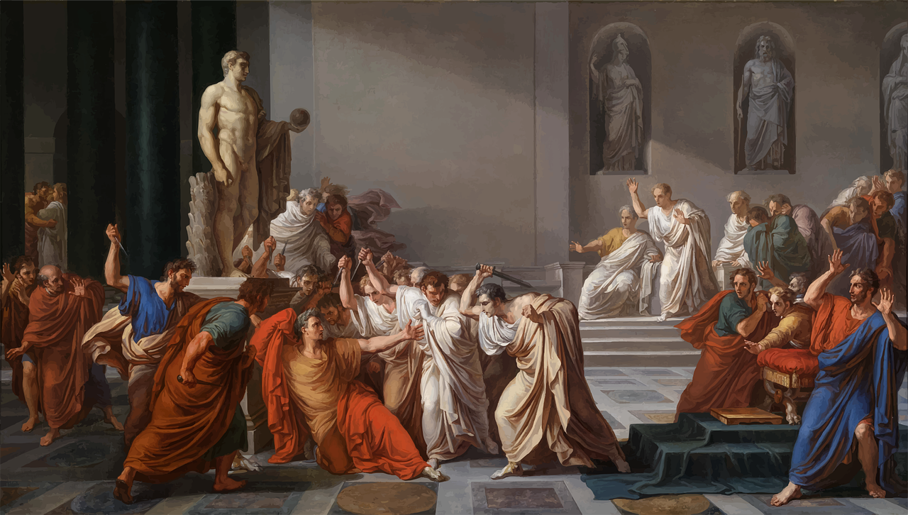 a painting of a group of people in a room, a renaissance painting, by Jacques-Louis David, shutterstock, beware the ides of march, roman toga, full color illustration, stock photo