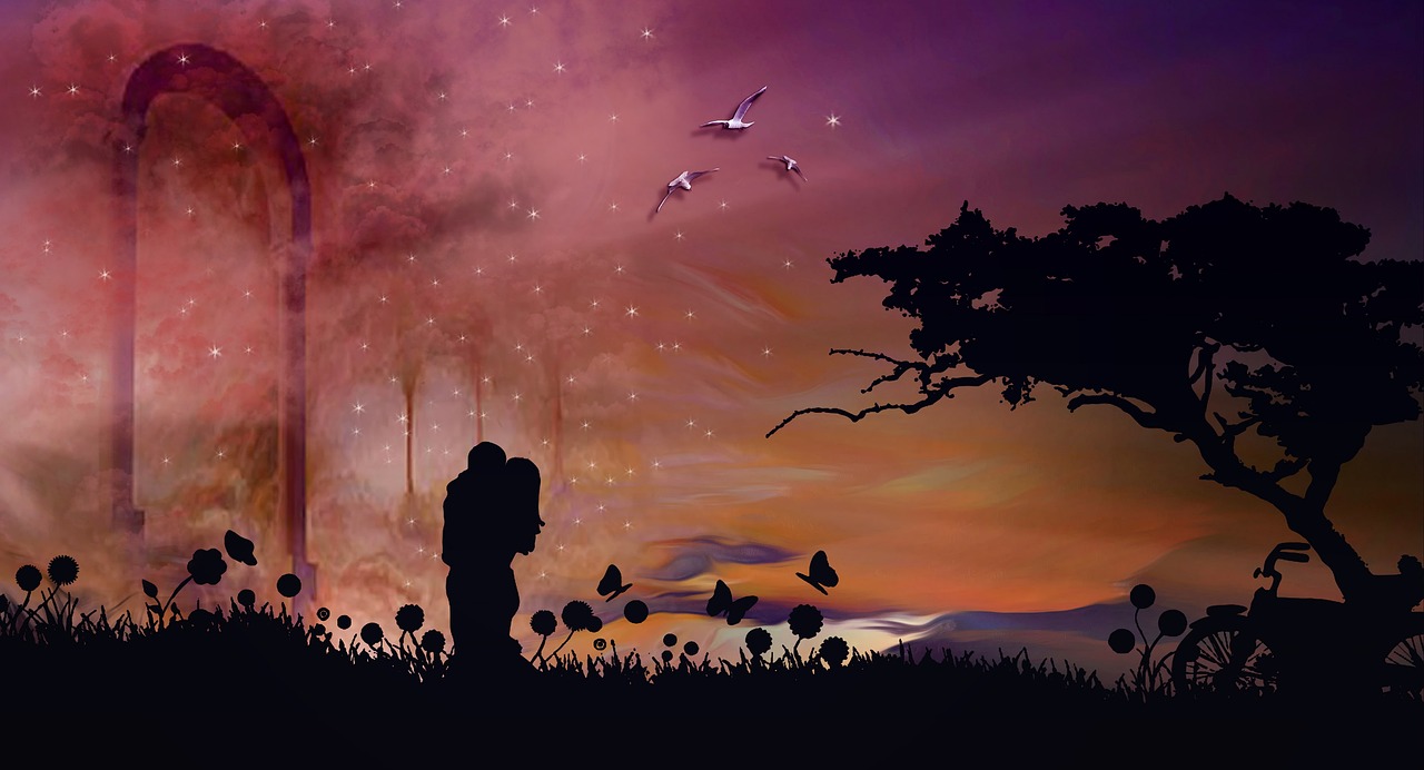 a couple of people that are standing in the grass, pixabay contest winner, romanticism, celestial background, calm night. digital illustration, love is begin of all, a beautiful artwork illustration