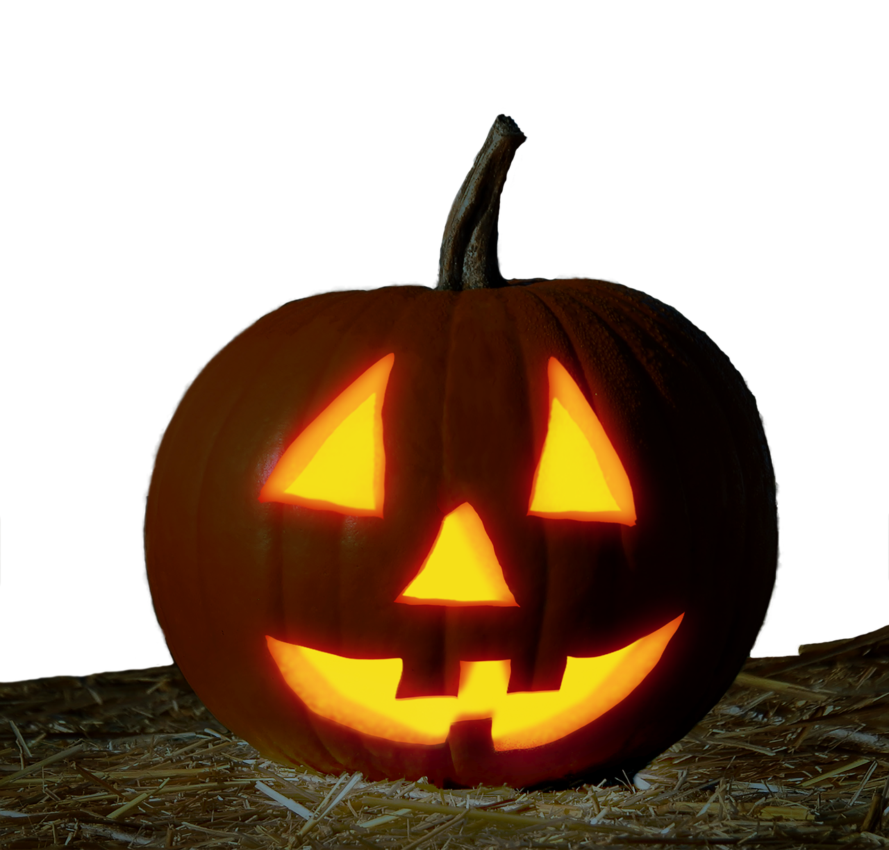 a lighted pumpkin sitting on top of a pile of hay, a portrait, shutterstock, on black background, jack - o'- lantern, mid shot photo