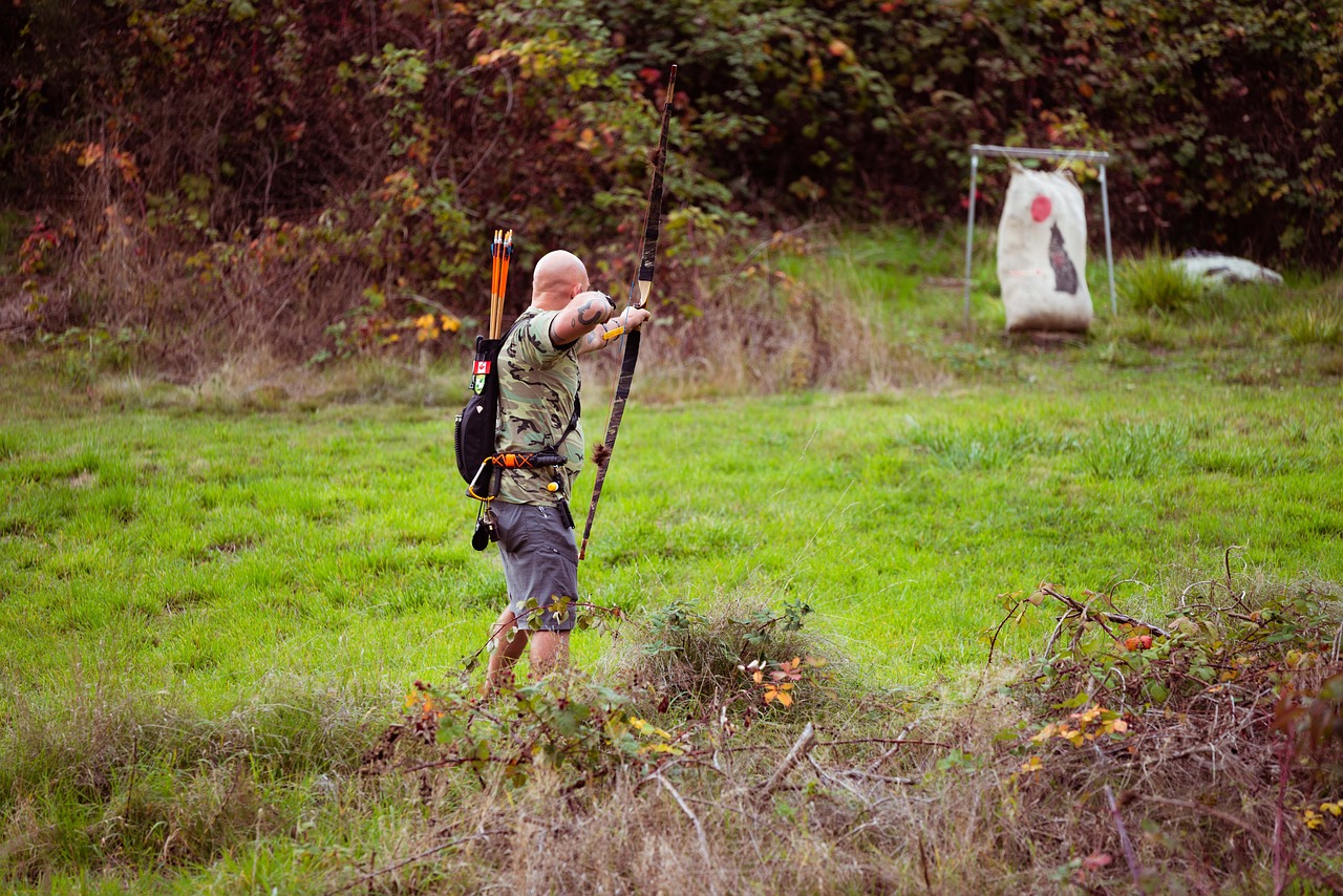 a man that is standing in the grass with a bow, softair arena landscape, haida, flying arrows, seattle