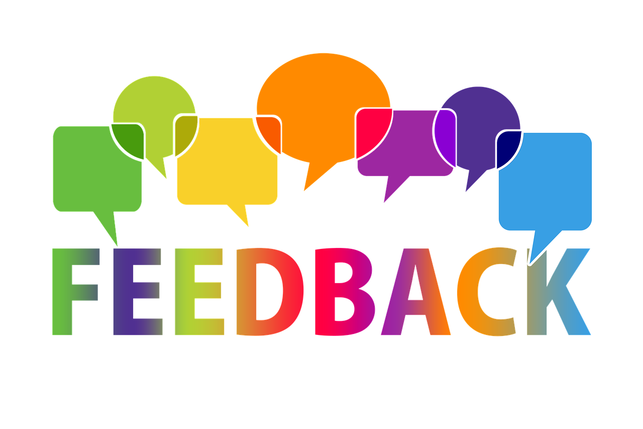 a group of speech bubbles with the words feedback, shutterstock, colorful image, back facing, listing image, black and reddis