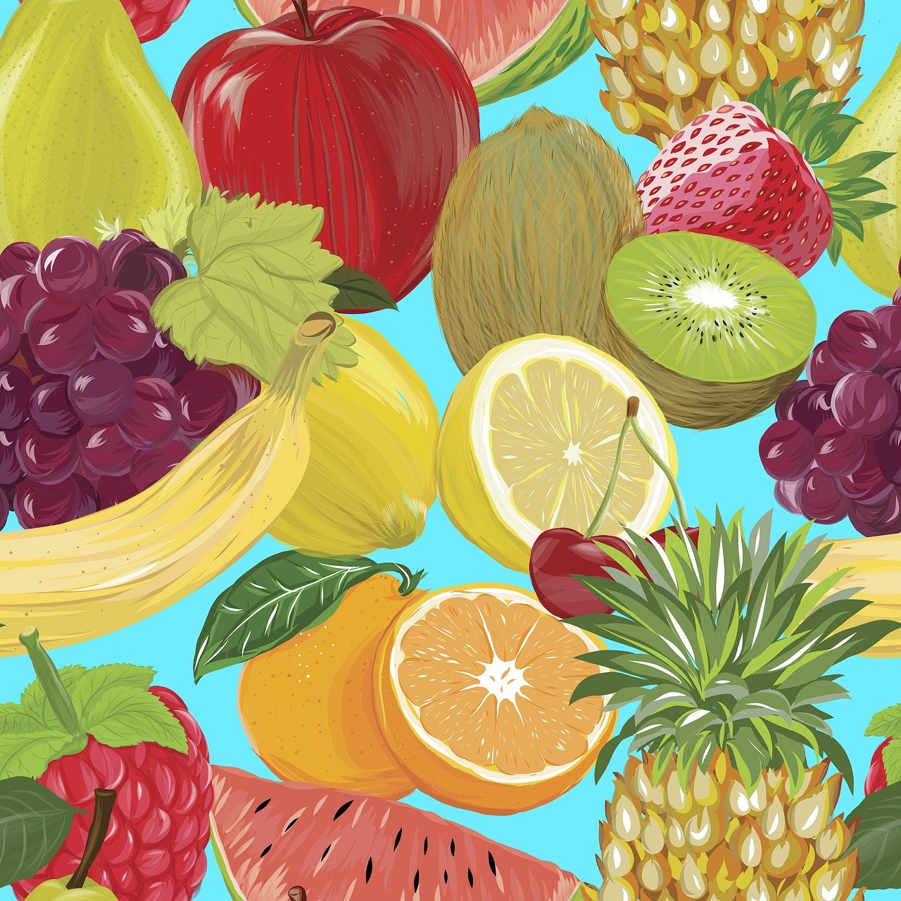 a bunch of different types of fruit on a blue background, vector art, by Charlotte Harding, beautiful art uhd 4 k, detailed acrylic painting, tropicalism, close up high detailed