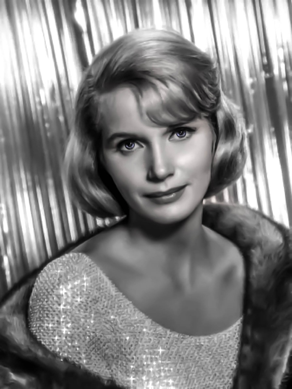 a black and white photo of a woman in a fur coat, a portrait, inspired by Grethe Jürgens, trending on pixabay, pop art, grace kelly, in a silver silk robe, digitally painted, movie scene portrait closeup