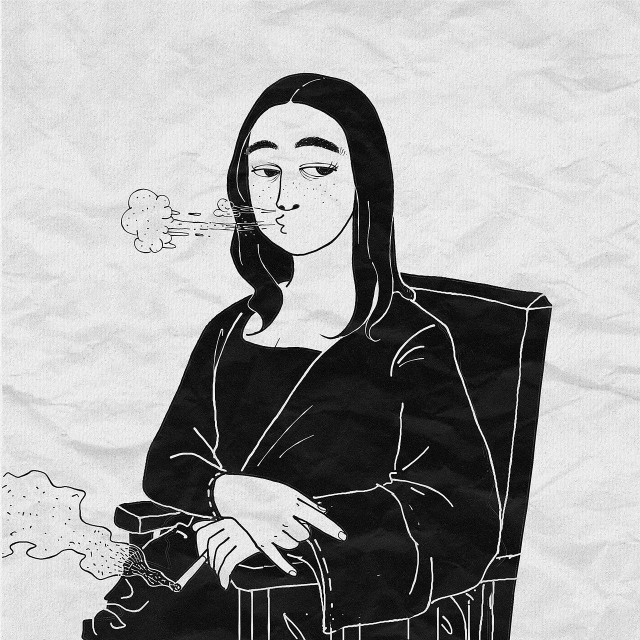 a drawing of a woman smoking a cigarette, by Hannah Frank, aestheticism, mona lisa as a goth girl, gta chinatowon art style, siting in a chair, trend on behance illustration