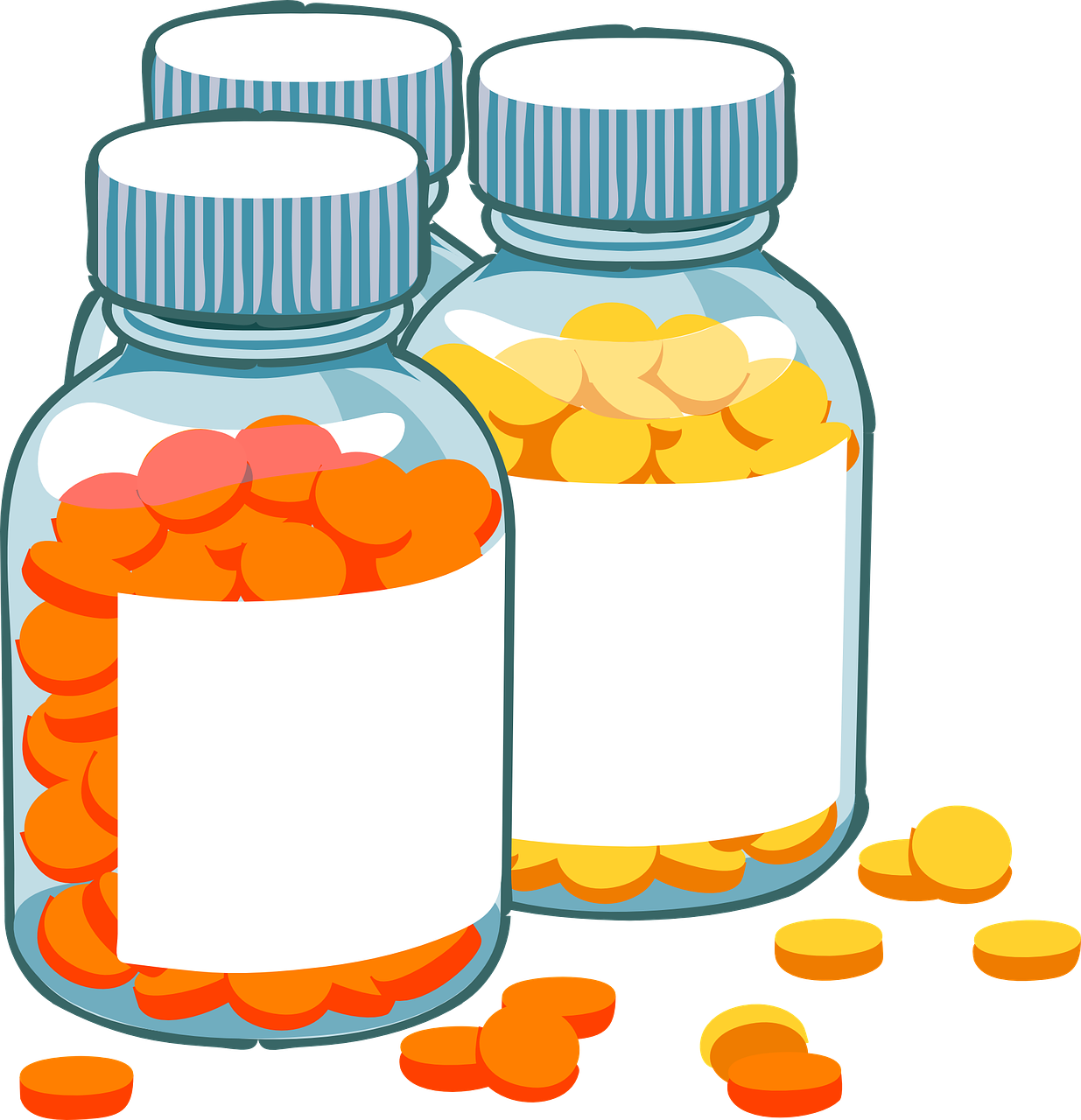 two jars filled with pills sitting next to each other, an illustration of, by Aleksander Kotsis, pixabay, orange safety labels, bottle, transparent background, full color illustration