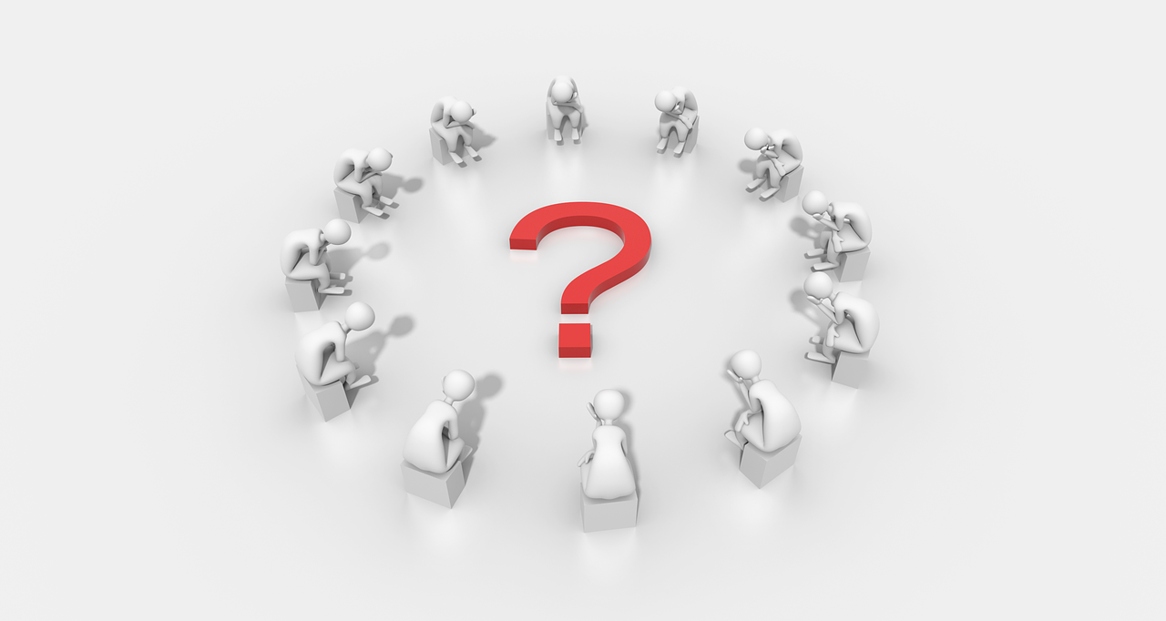 a group of people standing around a red question mark, a picture, some people are sitting, 3 d cg, image, what