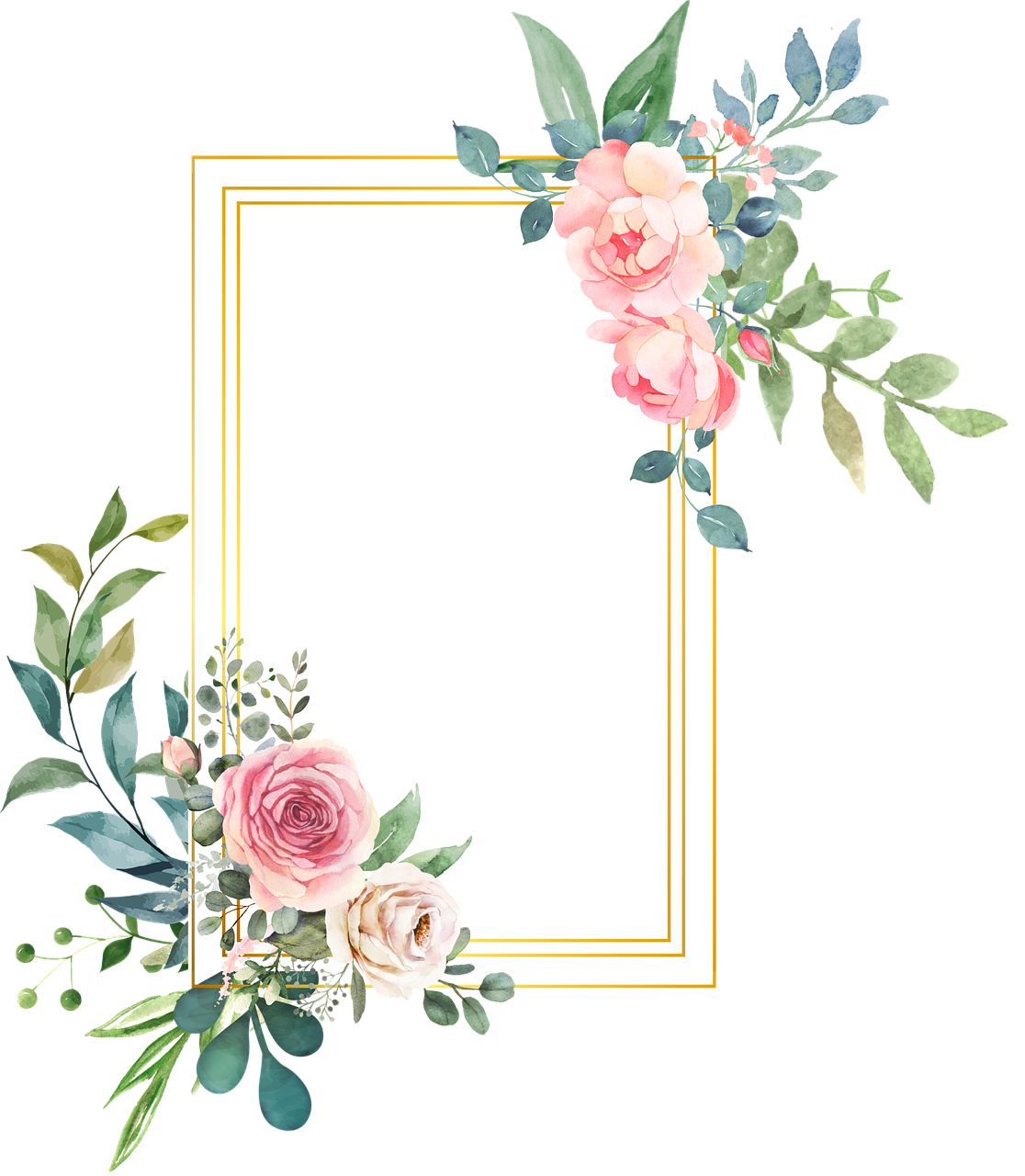 a floral frame with pink roses and green leaves, trending on pixabay, card back template, golden leaves at frame border, listing image, background image