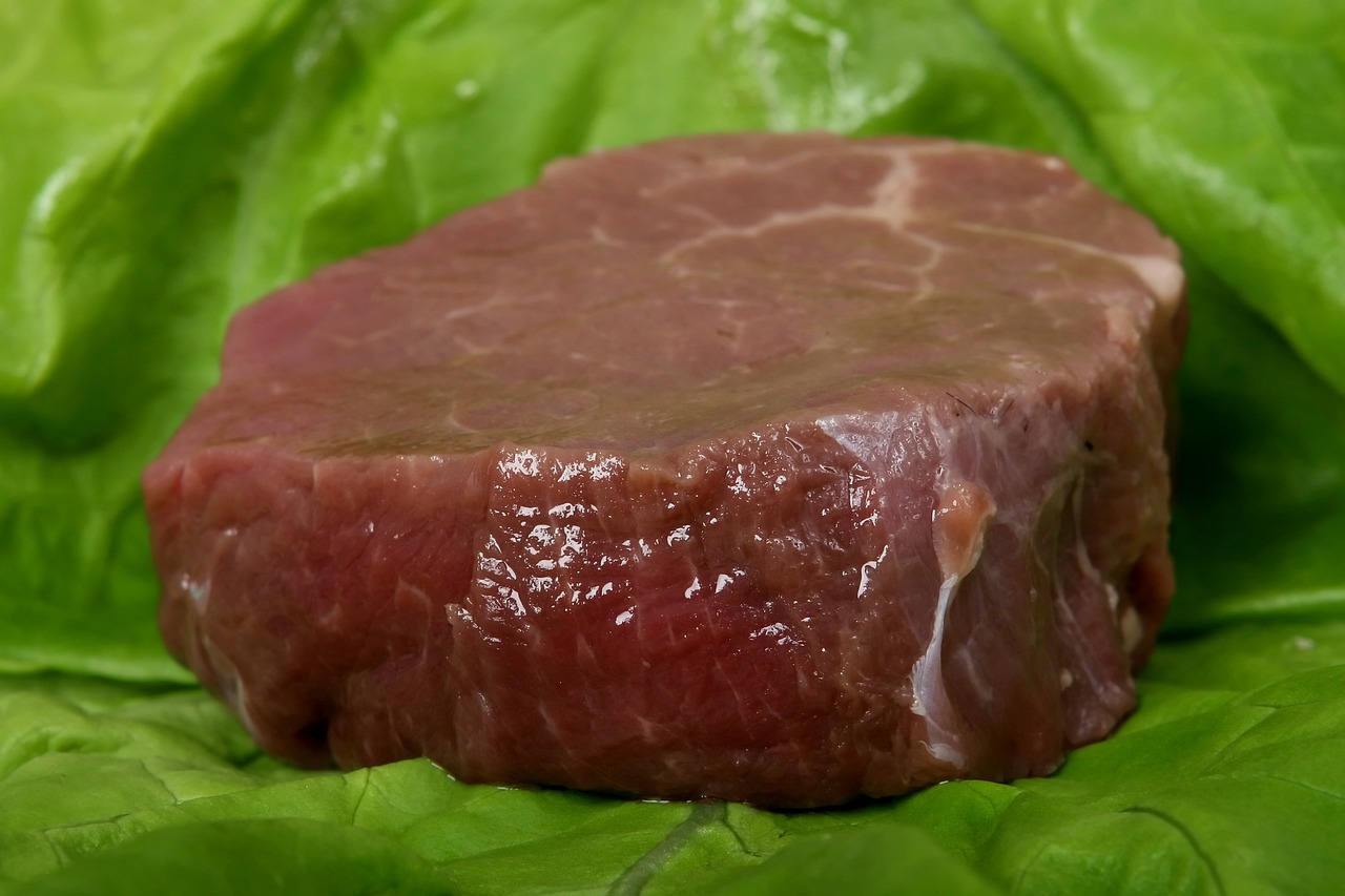 a piece of meat sitting on top of a bed of lettuce, a picture, basic photo, high res photo, very buff, local close up
