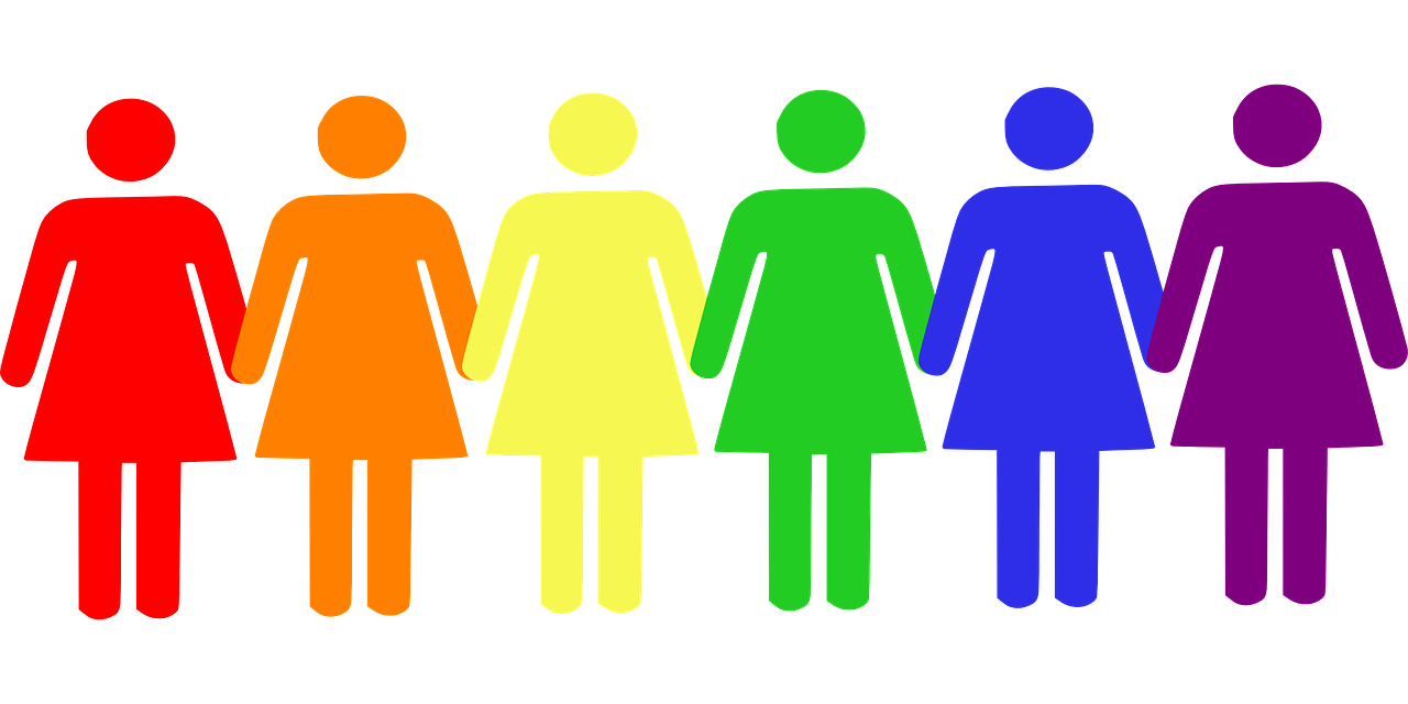 a group of people standing next to each other, by David Burton-Richardson, pixabay, feminist art, ( ( ( rainbow ) ) ), with a black background, 2 5 6 x 2 5 6 pixels, !female