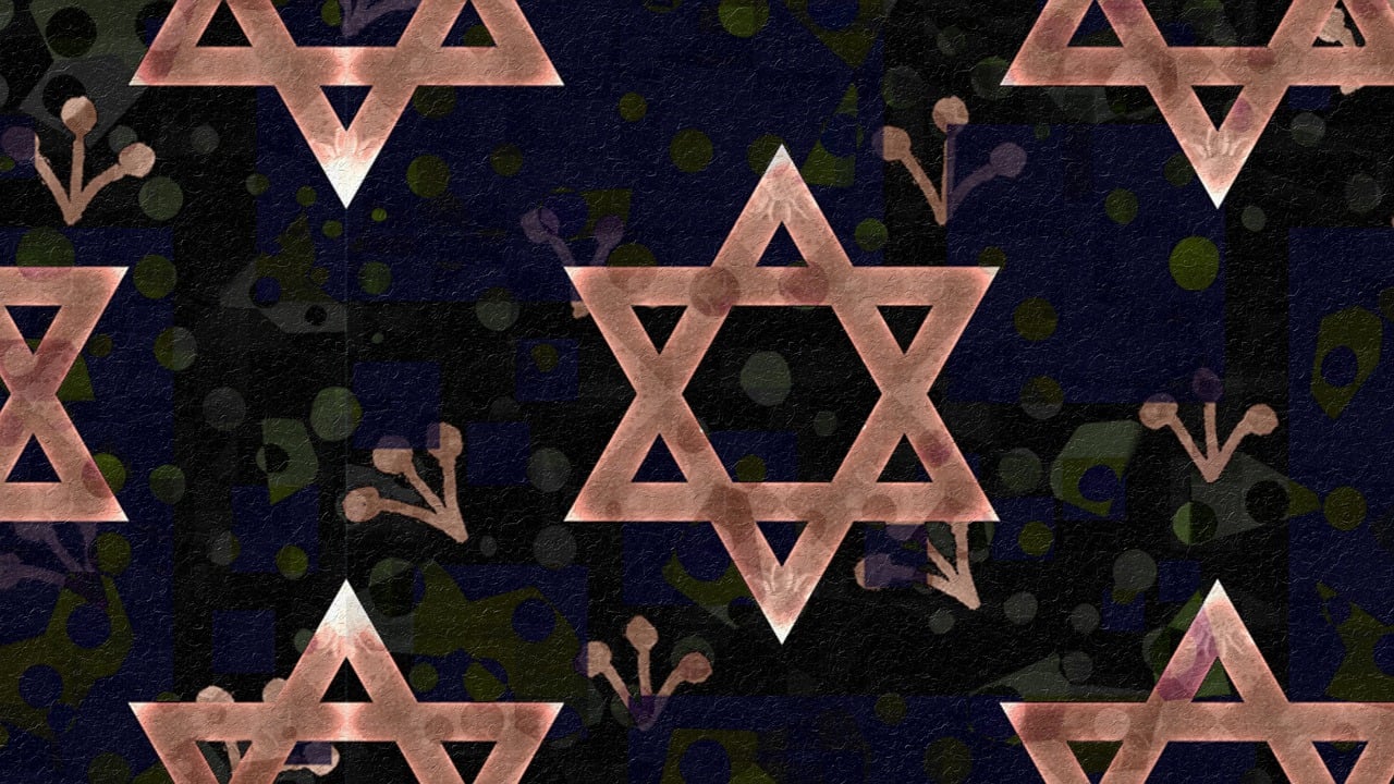 a close up of a star of david on a black background, a digital rendering, inspired by Israel Tsvaygenbaum, dark flower pattern wallpaper, copper elements, mixed media, repeat pattern