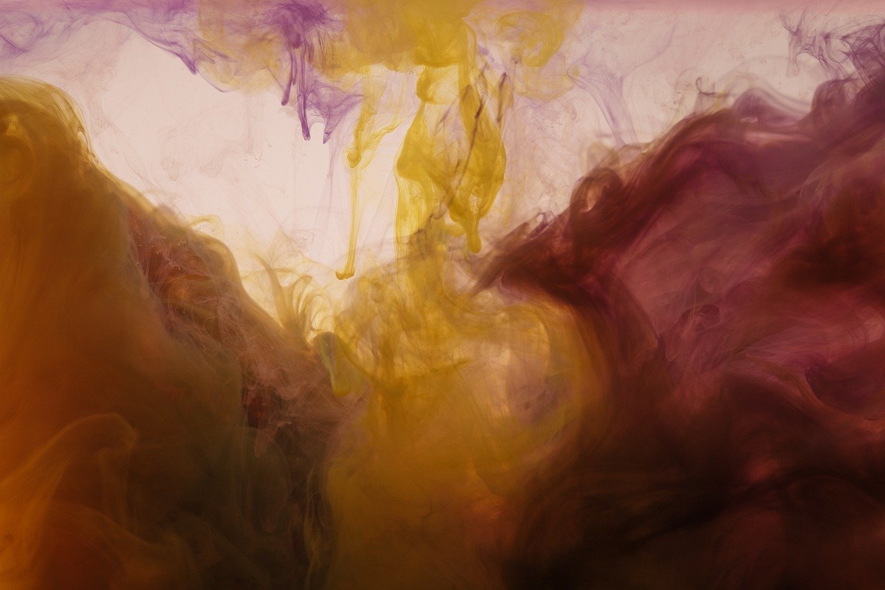 a close up of a painting on a wall, inspired by Kim Keever, lyrical abstraction, yellow and purple tones, liquid simulation background, pov photo, caramel