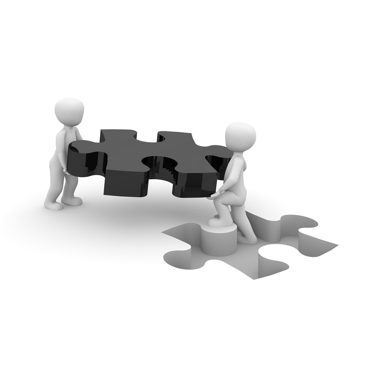 a couple of people putting pieces of a puzzle together, a jigsaw puzzle, by Joseph Werner, pixabay contest winner, 3 d cg, black on white, product introduction photo, stock photo