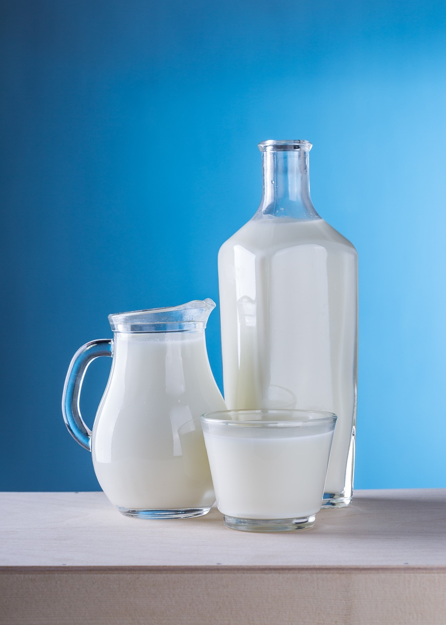 a pitcher of milk next to a glass of milk, a still life, shutterstock, with a blue background, half body photo, jars, with white skin