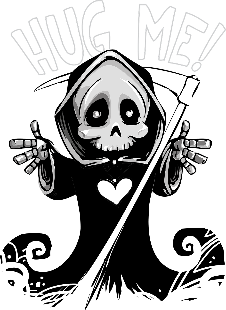 a black and white image of a skeleton with the words hug me, by Hugh Hughes, sots art, amoled wallpaper, hood, high detailed cartoon, rogue