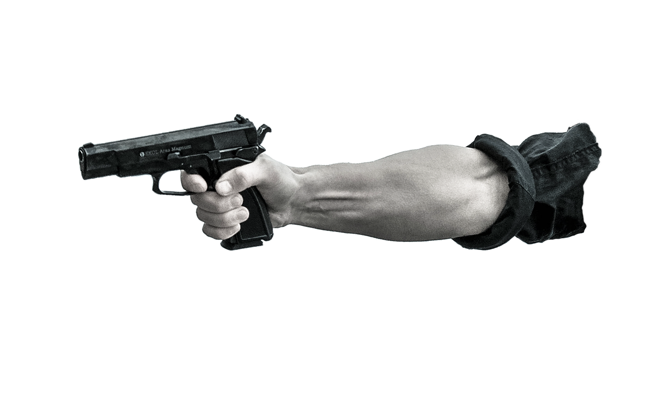 a person holding a gun in their hand, a digital rendering, pexels, high key, police officer hit, gangly arms, background image