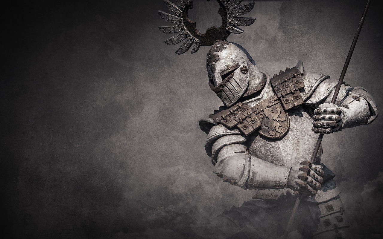 a statue of a knight holding a sword, a statue, by Adam Marczyński, digital art, samurai helmet, aged armor plating, white plated armor, gloomy medieval background