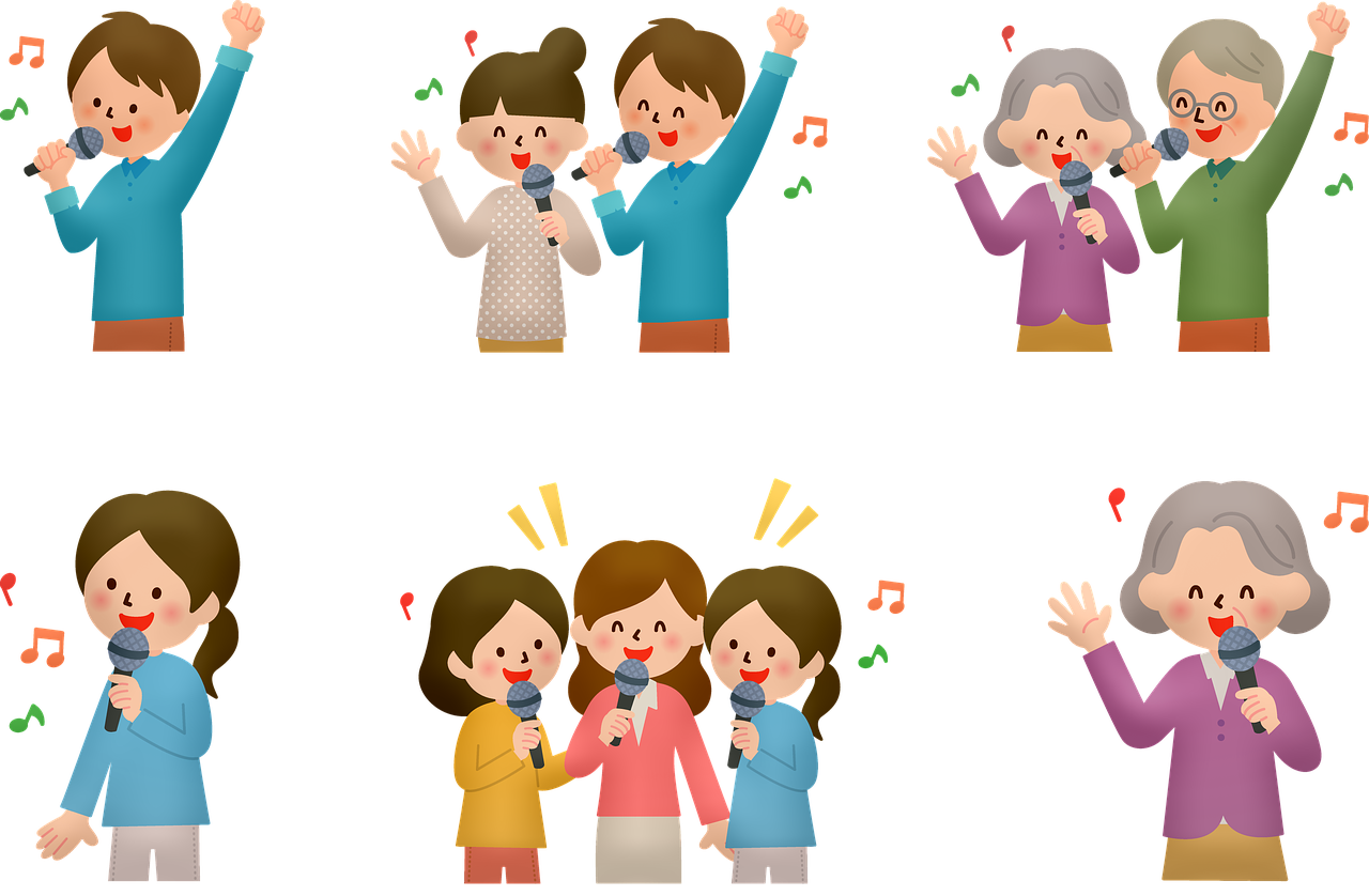 a group of people singing and holding microphones, by Nakahara Nantenbō, shutterstock, figuration libre, families playing, 8k!!, three views, mobile game