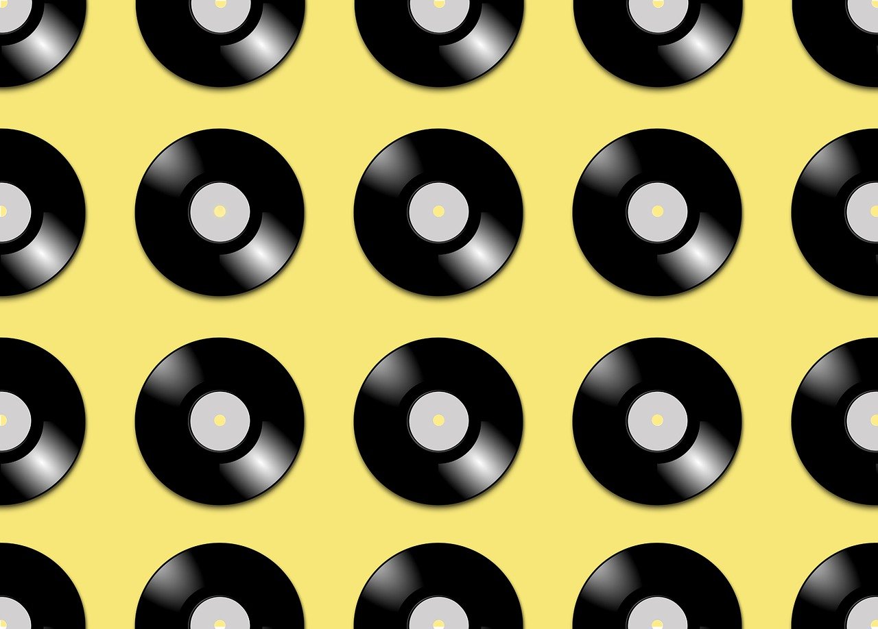 a lot of black and white records on a yellow background, pop art, 12, o pattern, stems, high res