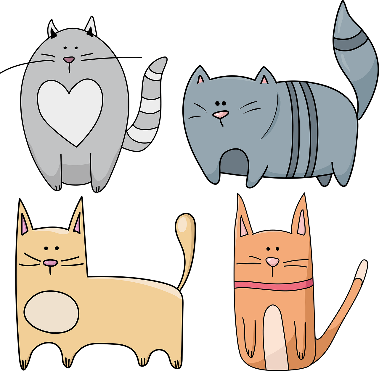 a group of cats standing next to each other, vector art, in front of a black background, different shapes and sizes, cartoon style illustration, a cat is smiling