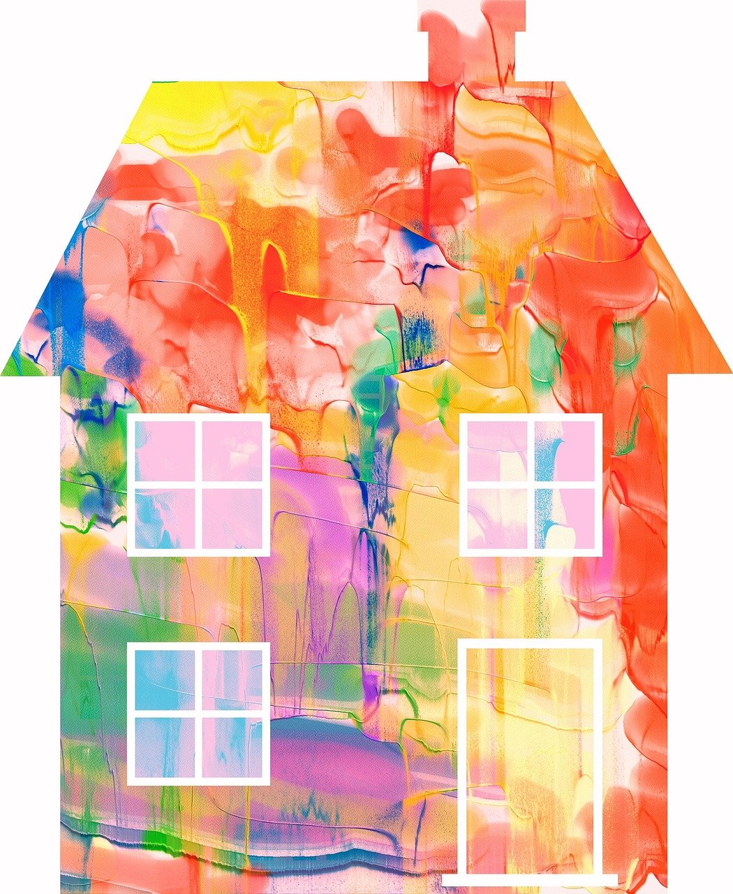 a painting of a house on a white background, a digital rendering, by Whitney Sherman, pixabay, conceptual art, tie-dye, colorful impasto brush strokes, blurred and dreamy illustration, shiny colorful