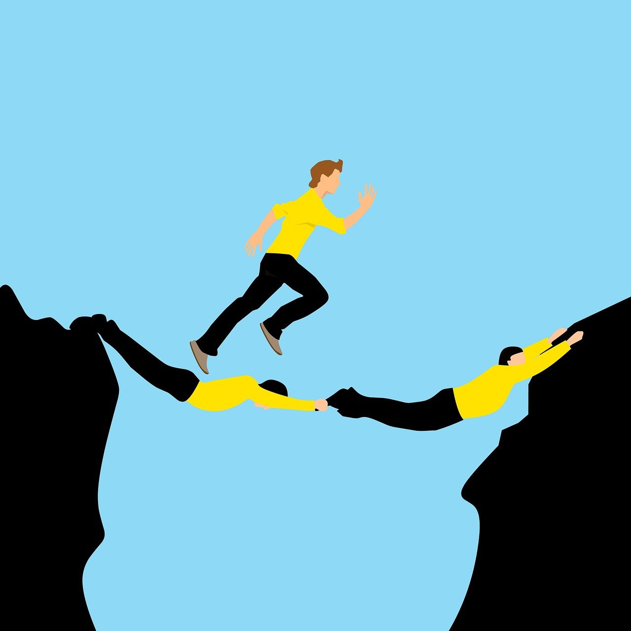 a man jumping over the edge of a cliff, a cartoon, figuration libre, reaching out to each other, crossing the line, alliance, repairing the other one