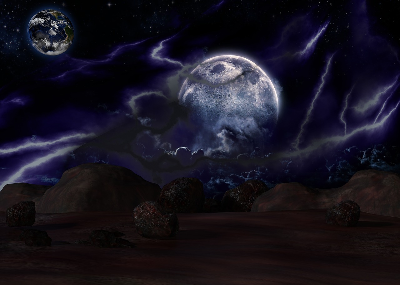 a group of rocks sitting on top of a desert, a matte painting, inspired by John Martin, space art, at night with dramatic moonlight, devouring a planet, moonlit clouds background, purplish space in background