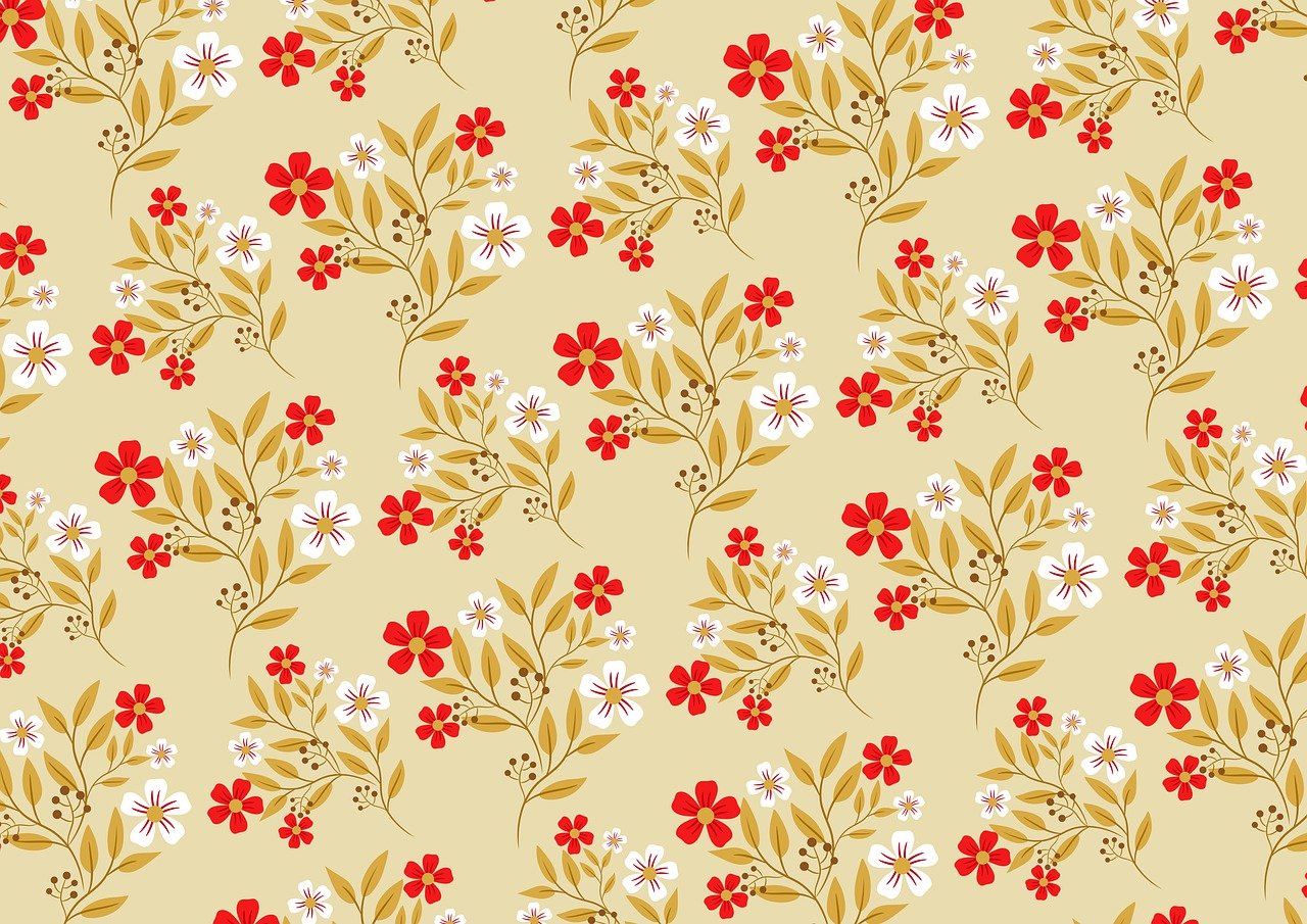 a pattern of red and white flowers on a beige background, gold background, created in adobe illustrator, assam tea garden background, children