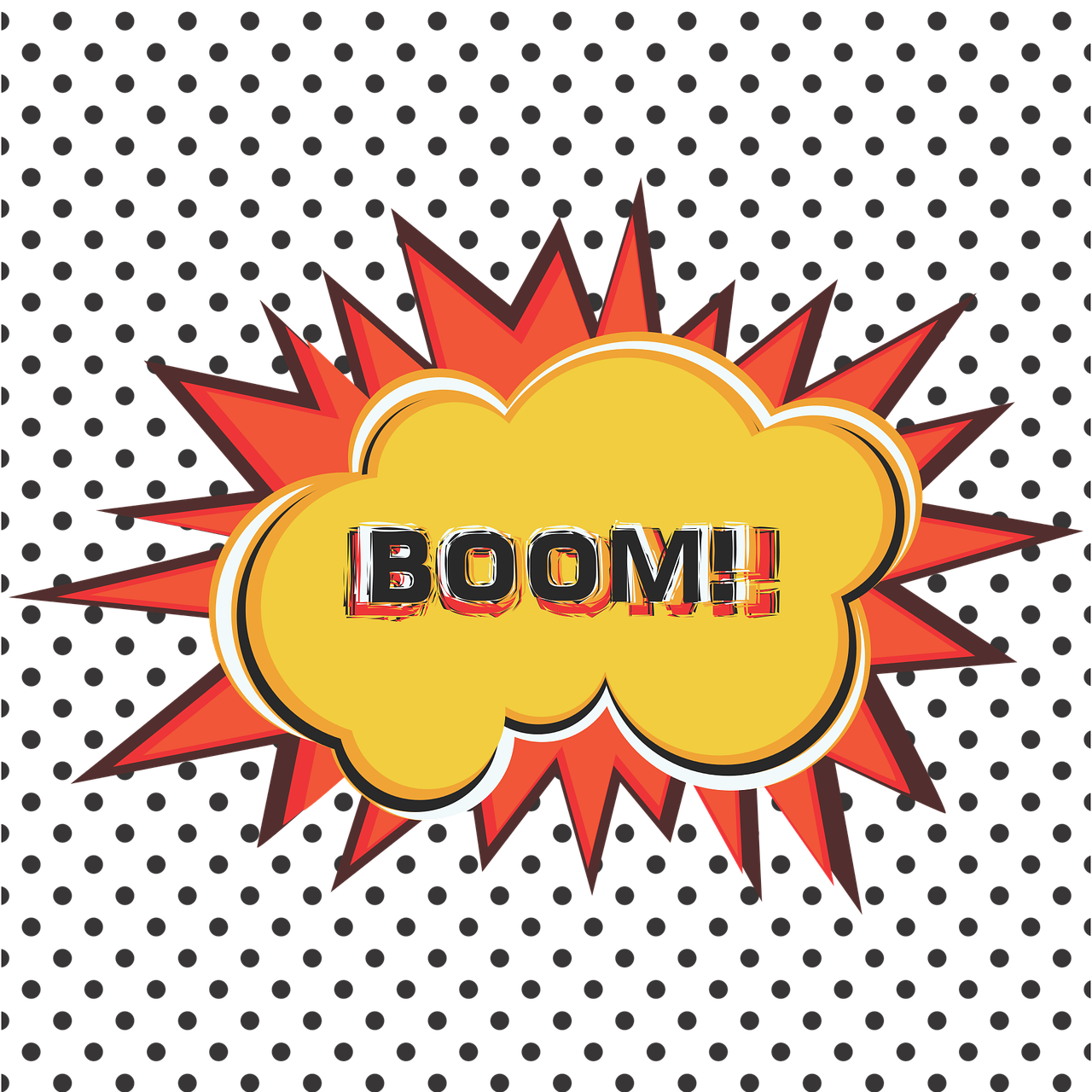 a comic speech bubble with the word boom, a comic book panel, by Gwen Barnard, pop art, black!!!!! background, custom, flash image, textless