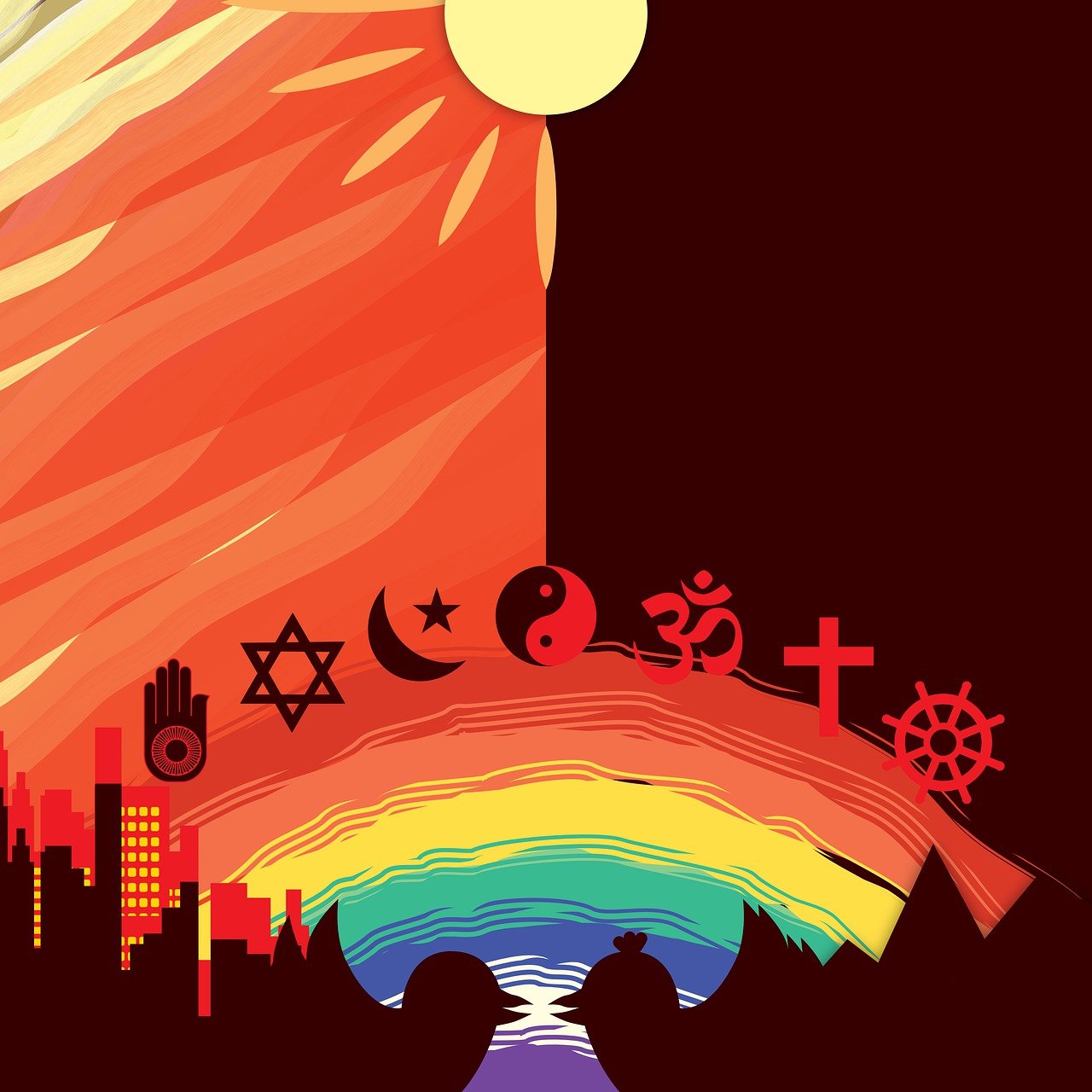 a man with a rainbow hat standing in front of a city, an illustration of, symbolism, all religions combined, sunset illustration, on a red background, poster illustration