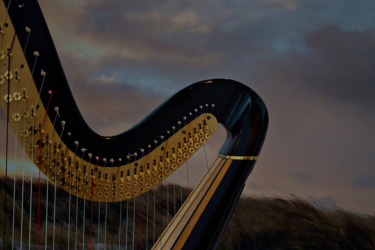 a close up of a black and gold harp, an album cover, by Edward Corbett, unsplash, at dusk!, on the coast, banner, composite