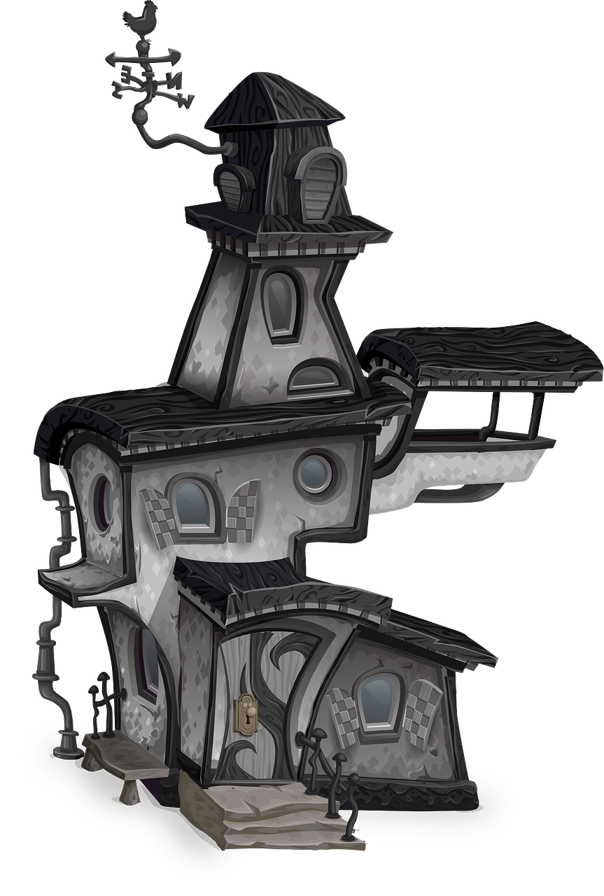 a black and white picture of a house, concept art, inspired by senior environment artist, polycount contest winner, conceptual art, steampunk ferret - shaped mech, digitally colored, tim burton style, 3/4 side view