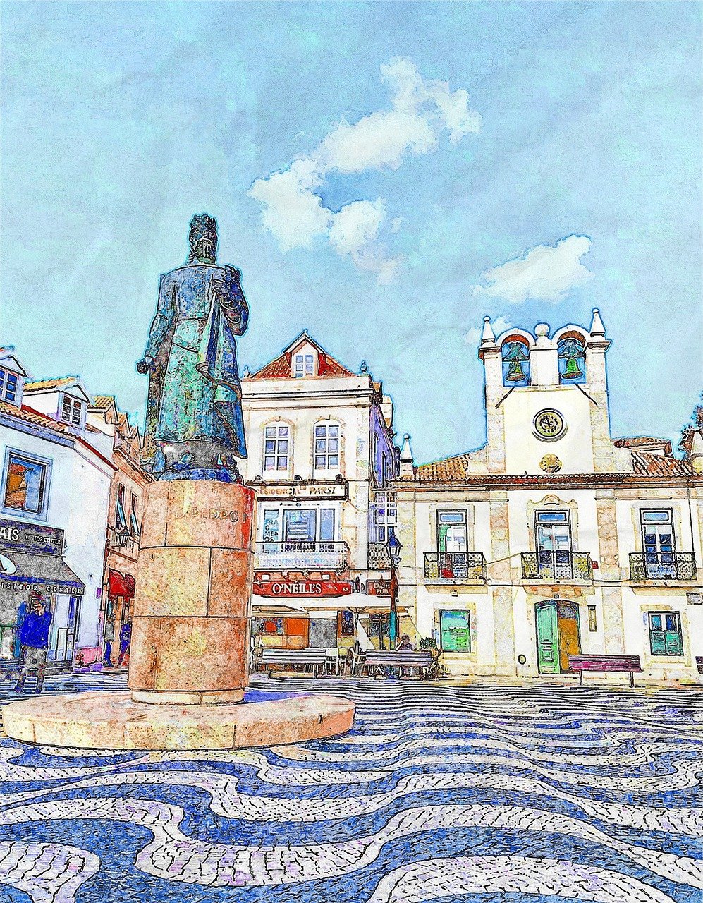 a painting of a city square with a statue, a digital painting, inspired by Amadeo de Souza Cardoso, digital art, nazare (portugal), postprocessed, an beautiful, mottled coloring
