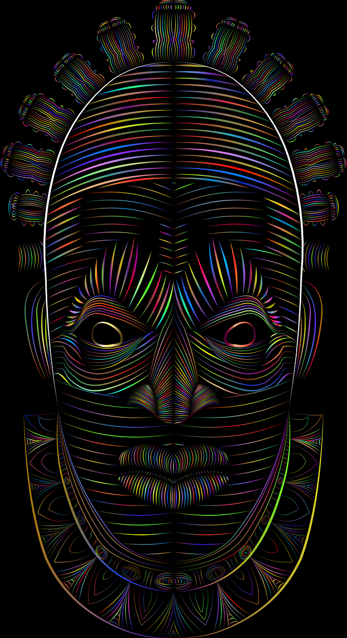 a drawing of a man's face on a black background, vector art, behance, afrofuturism, chromatic aberration!!!!!, west africa mask patterns style, 3 d neon art of a womens body, centered face shot