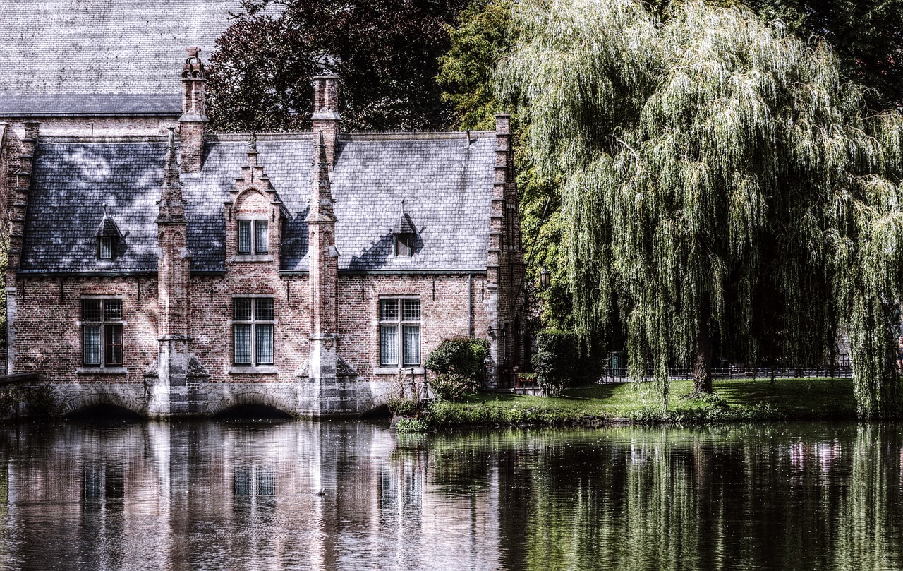 a large building sitting next to a body of water, a photo, inspired by Robert Campin, tonalism, idyllic cottage, belgium, neo - gothic architecture, hdr detail