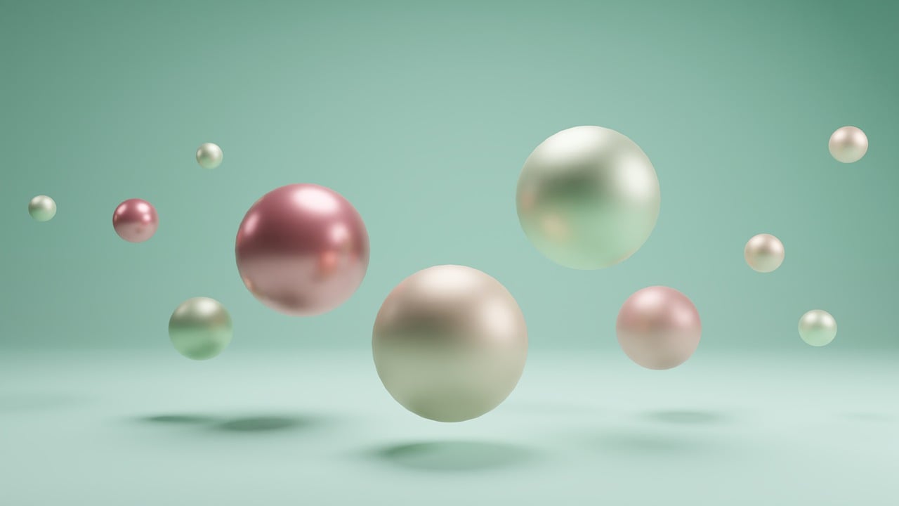 a bunch of different colored pearls floating in the air, a 3D render, by Anna Füssli, trending on polycount, muted pastel tones, product render, raytracting, motion graphic