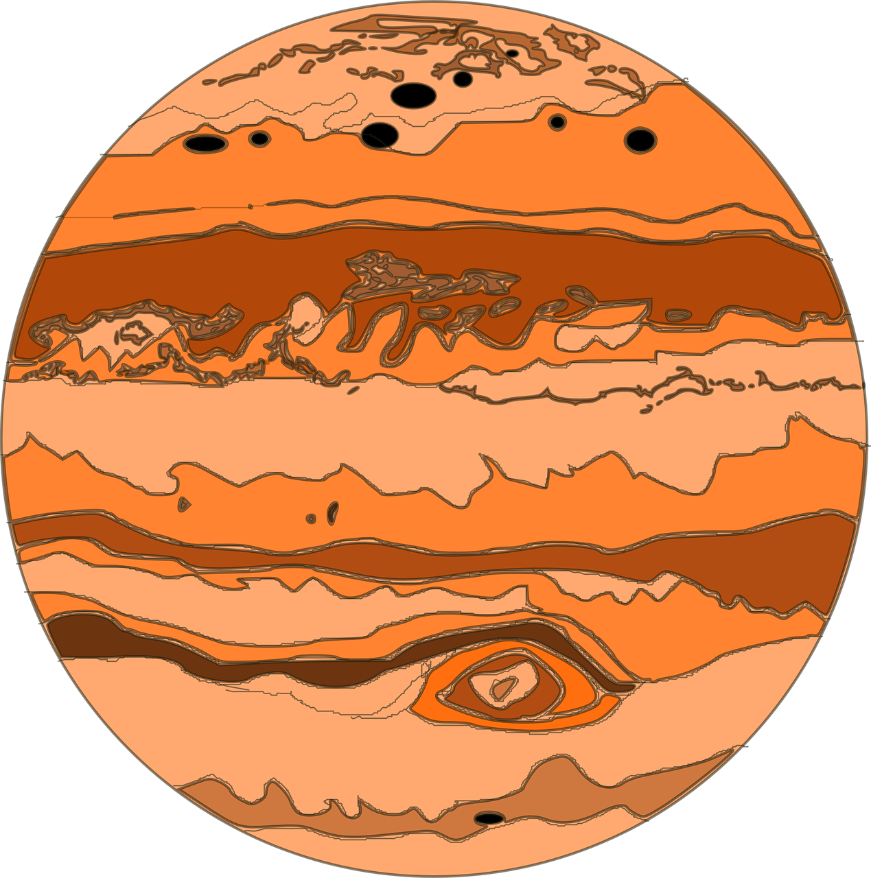 an orange planet with a black background, an illustration of, inspired by Jules Tavernier, colored screentone, break of dawn on jupiter, brown:-2, round-cropped