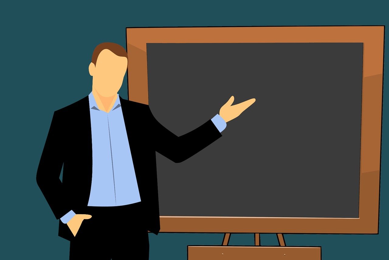 a man standing in front of a blackboard giving a presentation, a picture, pixabay, digital art, with pointing finger, business attire, standing in class, on simple background