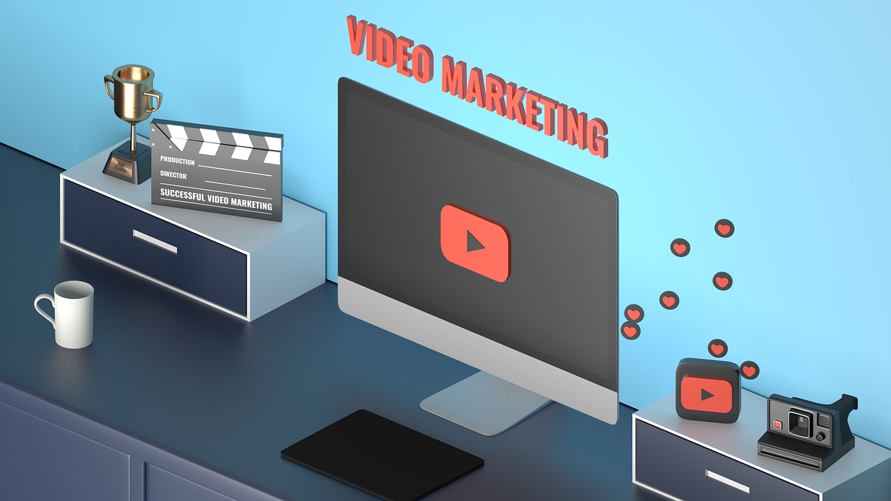 a computer monitor sitting on top of a desk, a computer rendering, trending on pixabay, video art, youtube logo, marketing illustration, with subtitles, depicted as a 3 d render