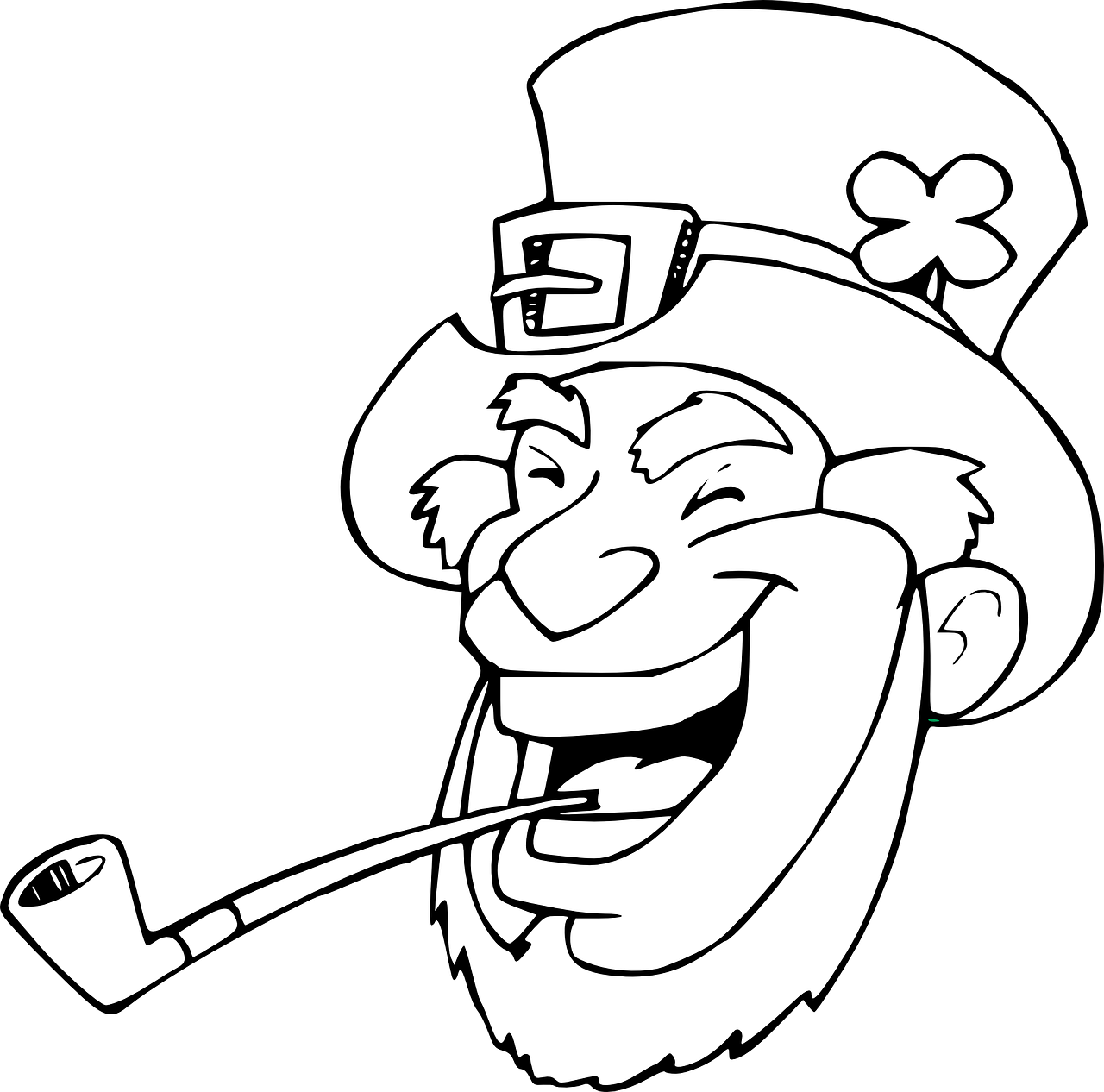 a cartoon leprezi with a pipe in his mouth, lineart, by Robert Freebairn, reddit, stuckism, with a black background, smiling man, black and white coloring, ( ( large black hat ) )