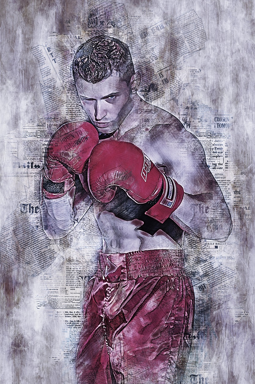 a painting of a man wearing boxing gloves, a digital rendering, pixabay contest winner, fine art, newspaper collage, young male, textured, fighter