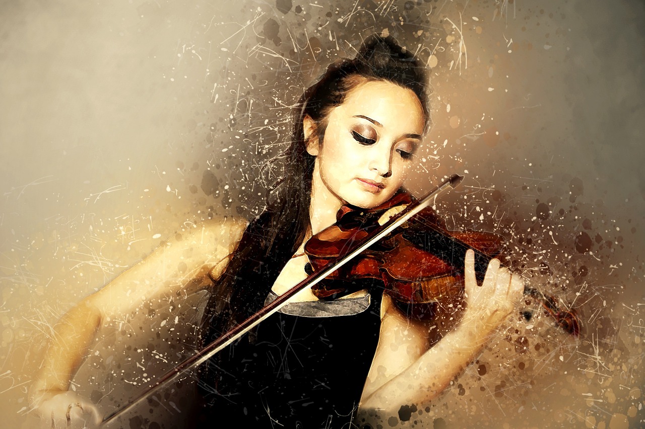 a woman in a black dress playing a violin, vector art, art photography, textured, splatter, stunning portrait, amazing blend effect