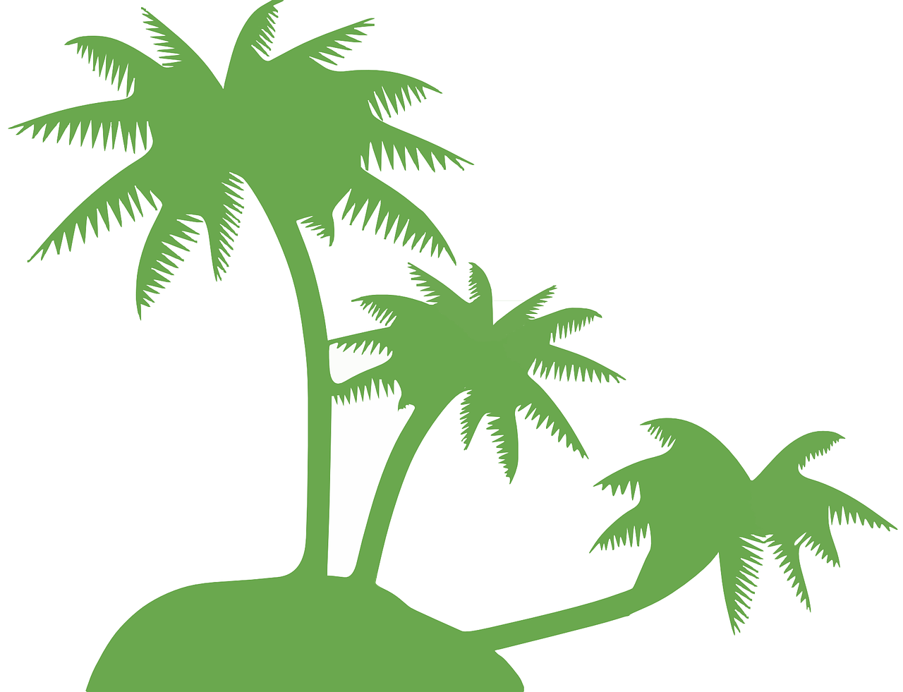 a couple of palm trees sitting on top of a green island, an illustration of, inspired by Masamitsu Ōta, figuration libre, silhouette :7, coconuts, beginner, reach