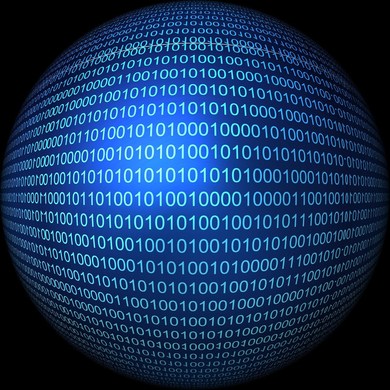 a sphere of binary code on a black background, a digital rendering, vector, in front of the internet, blue - print, 1128x191 resolution