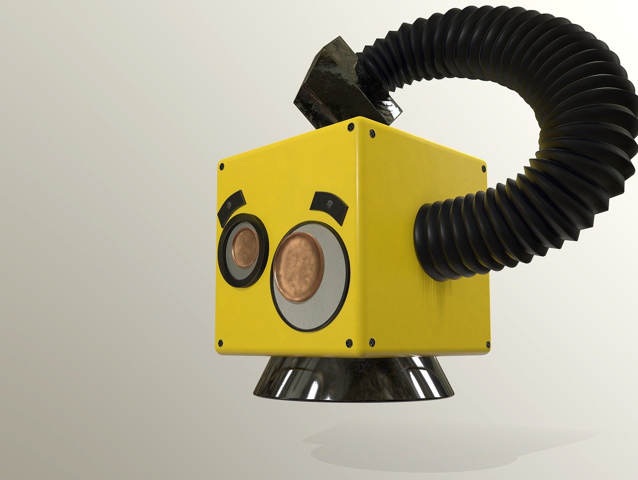 a yellow robot sitting on top of a metal object, inspired by Chris Foss, conceptual art, super cute robot face, pov camera looking into the maw, high resolution product photo, moonray render