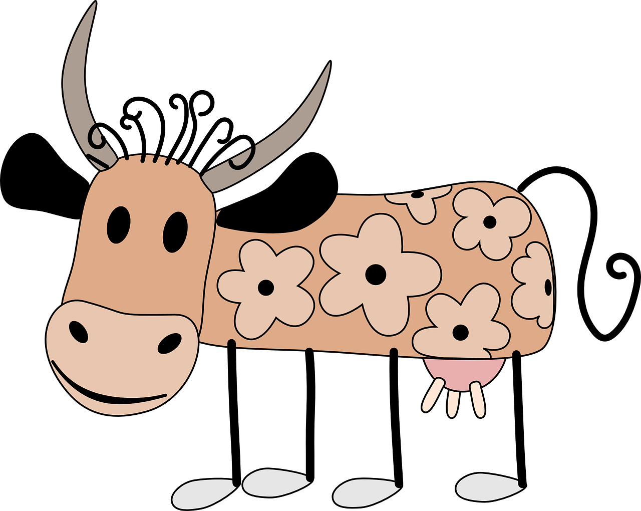 a drawing of a cow with flowers on it's body, a cave painting, mingei, !!! very coherent!!! vector art, wikihow illustration, with a black background, cow hoof feet