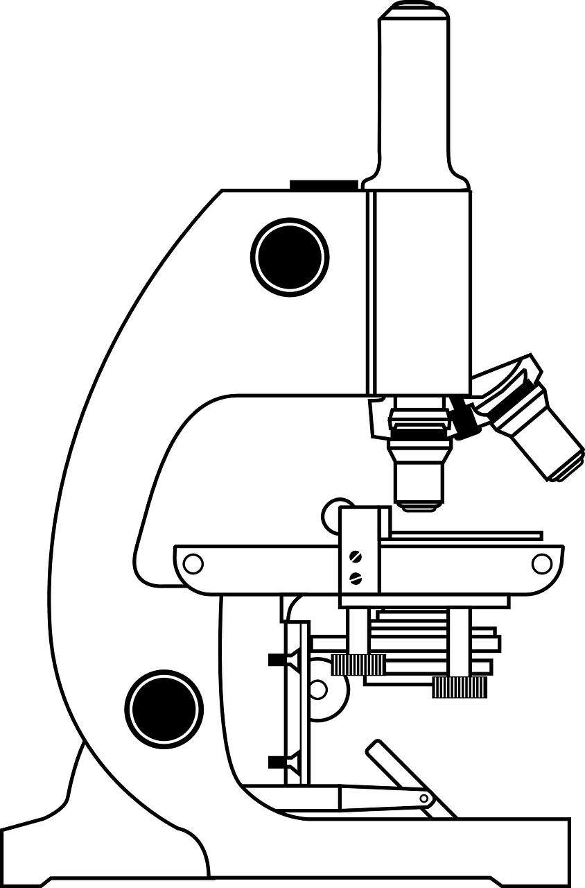 a black and white illustration of a microscope, a microscopic photo, by Zoltán Joó, pixabay, analytical art, veterinary medical diagram, sectioned, instrument of life, clipart