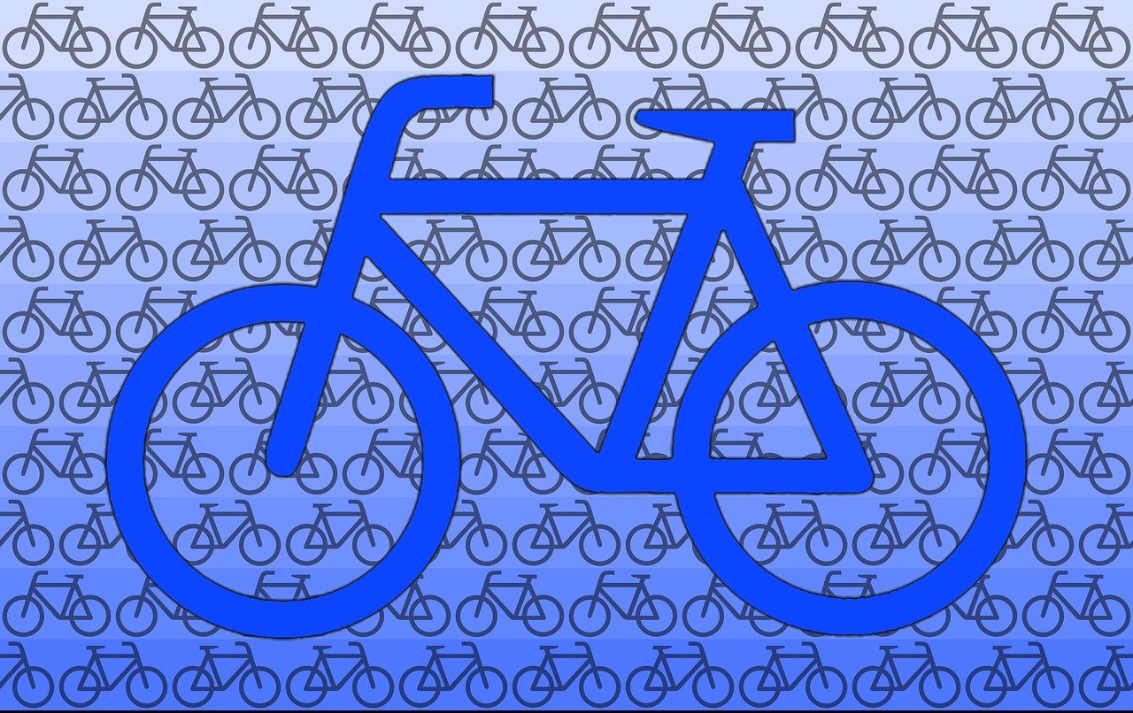 a picture of a bicycle on a blue background, a digital rendering, by Andrei Kolkoutine, trending on pixabay, panfuturism, icon pattern, in a shapes background, variations, traffic